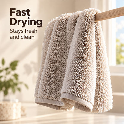 Cream cleaning cloth draped over a rail to air-dry