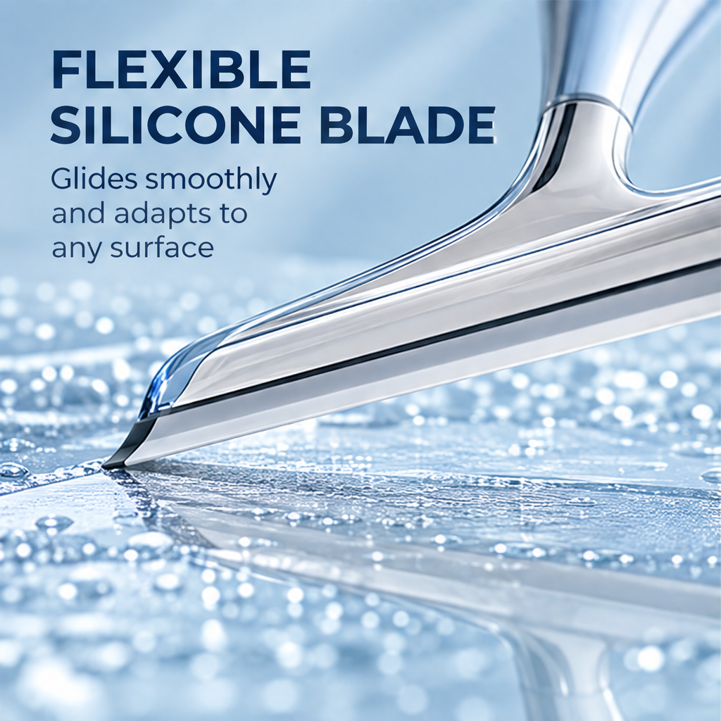 Contoured blue handle and wide squeegee head on a countertop