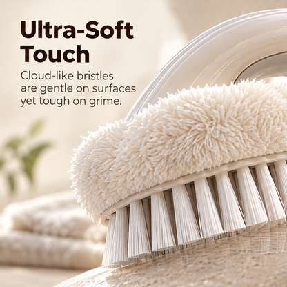 Full view of the cream scrub brush and plush-textured upper surround