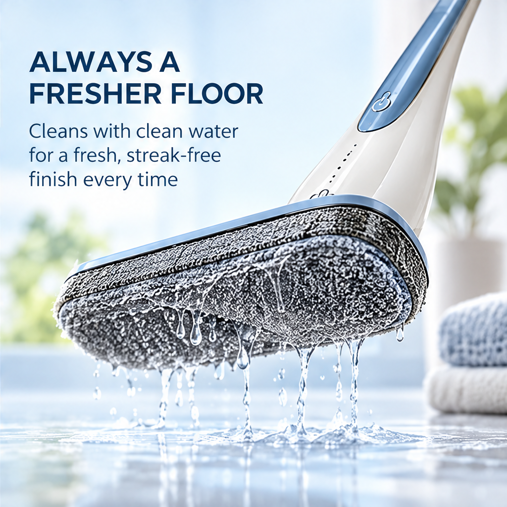 Spray mop shown at different swivel angles near furniture