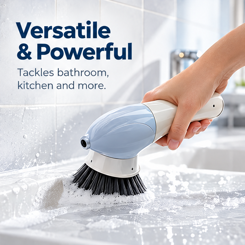 Spray nozzle and attached angled scrub brush on a single cleaning tool