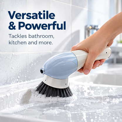 Spray nozzle and attached angled scrub brush on a single cleaning tool