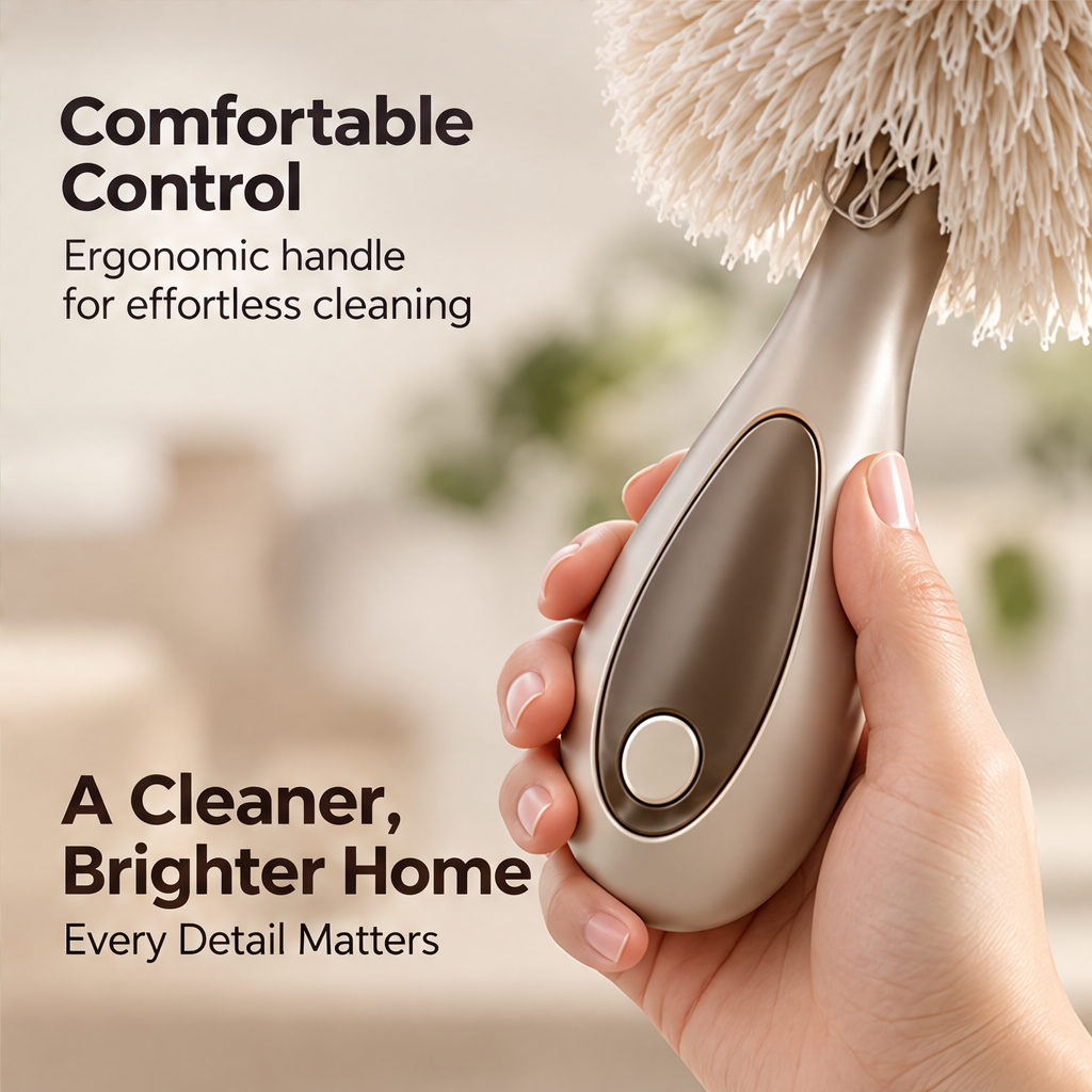 Cream handheld duster used along a bookshelf