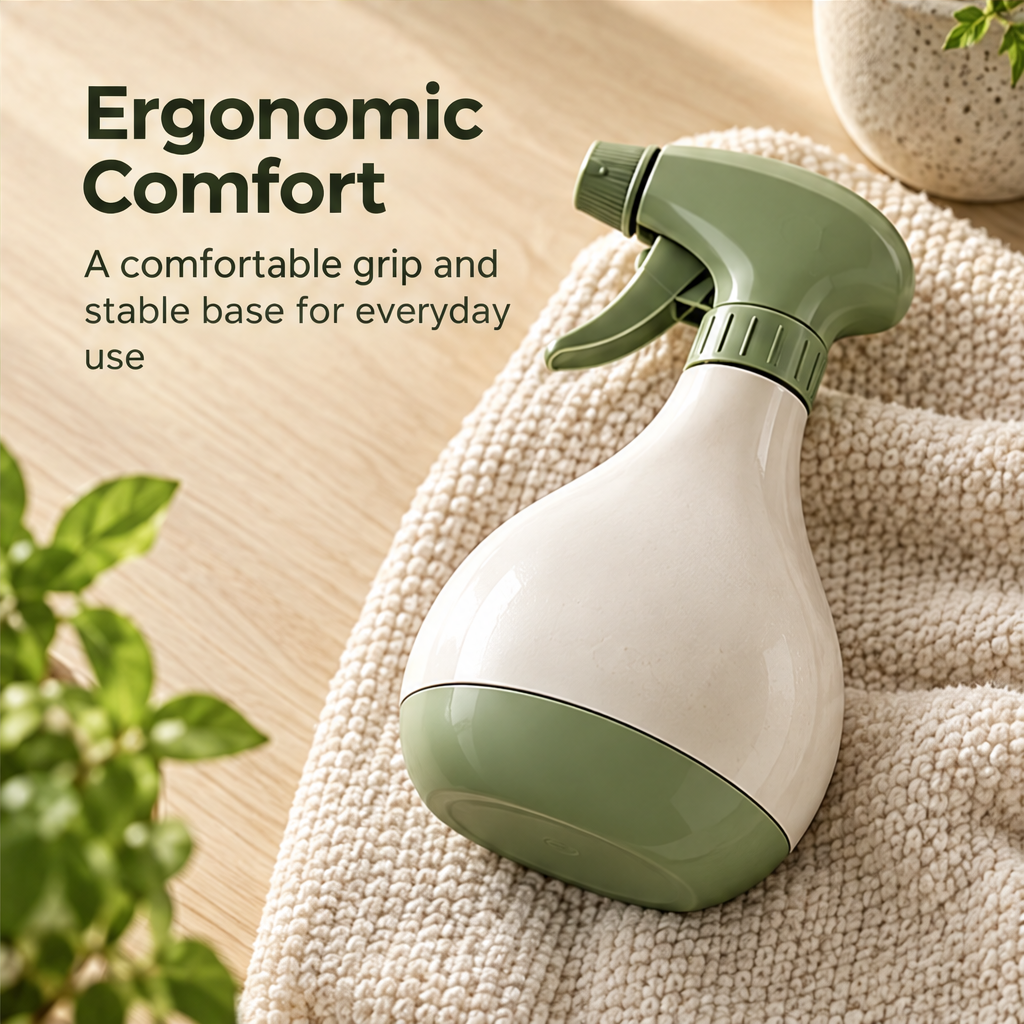 Rounded spray bottle body with green base and shaped neck