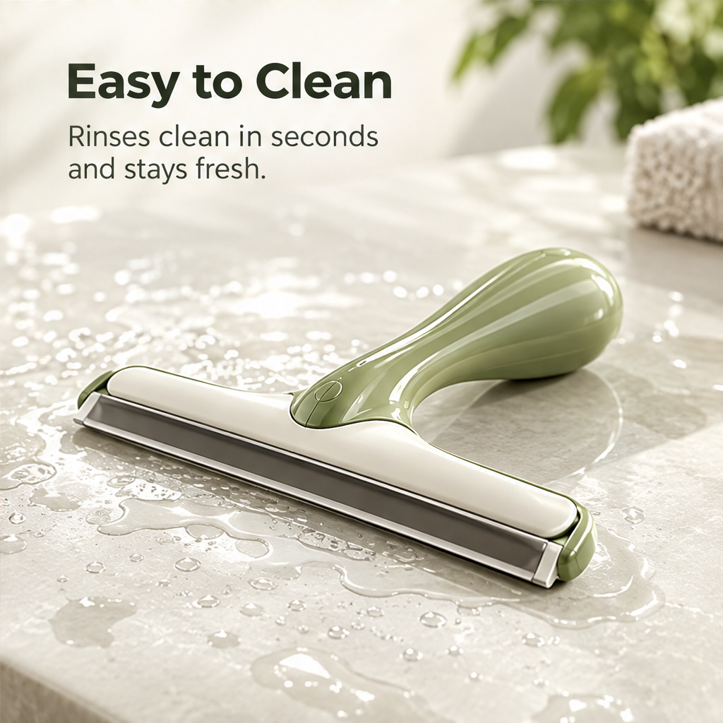 Sage glass squeegee resting on a wet countertop