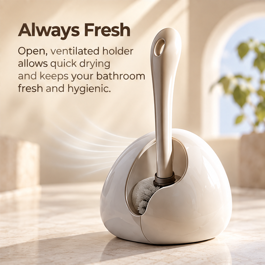 Cream toilet brush and sculpted holder displayed beside a toilet