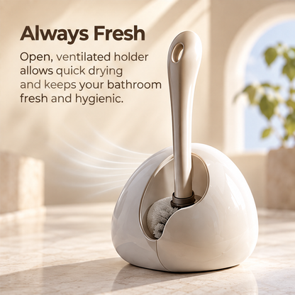 Cream toilet brush and sculpted holder displayed beside a toilet