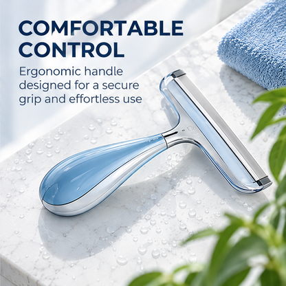 Front view of the blue glass squeegee beside bathroom accessories